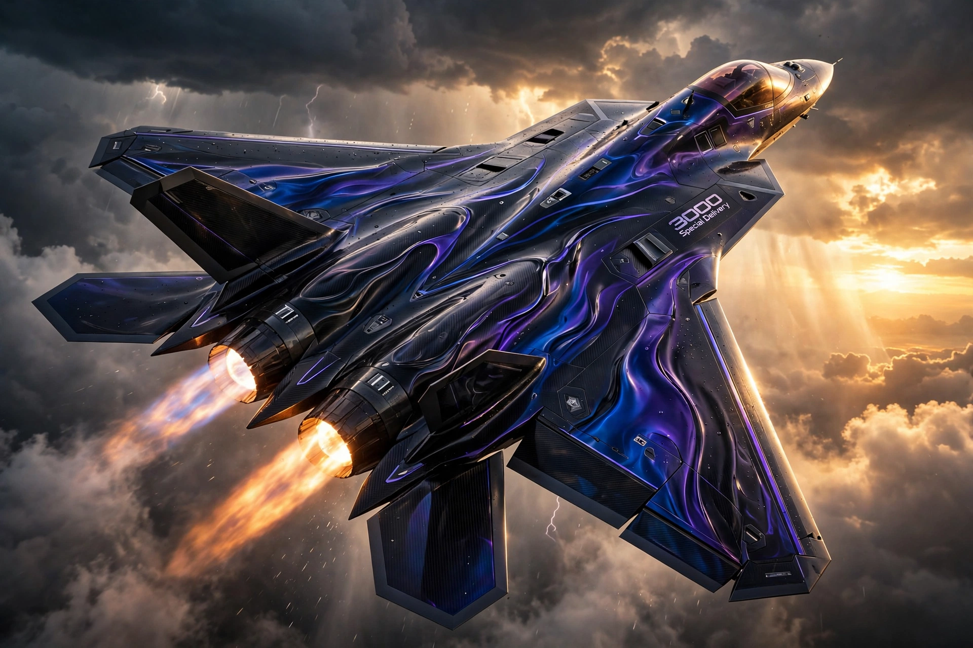 The 3000 Special Delivery — cobalt black carbon fiber fighter jet with chameleon color-shifting metallic paint
